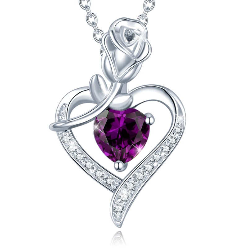 AGVANA February Birthstone Jewelry Amethyst Necklace for Women Sterling Silver Rose Flower Heart Pendant Necklace Fine Jewelry Anniversary Birthday Gifts for Women Wife Lady Her - Image 1